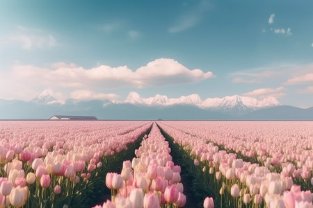 Beautiful View Fields of Cotton Candy Pink Tulip Flower with Landscape Backgroundの素材