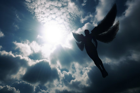 Silhouette of Angel Spreading Wings Flying in Clouds Sky under Bright of Sunshineの素材