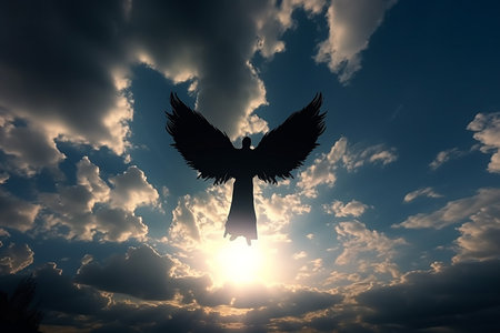 Shadow Silhouette of Winged Human Angel Flying High Across the Beautiful Bright Skyの素材
