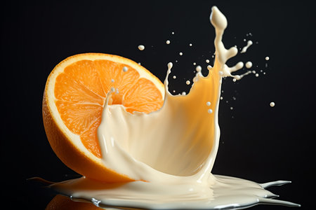 Orange Fruit Slice with Splashing Fresh Milk Contain Healthy Diet Vitamin Calciumの素材