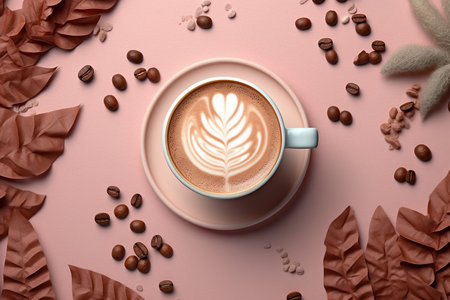 Top View of a Cup of Hot Coffee with Art Leaves Foam with Aesthetic Backgroundの素材
