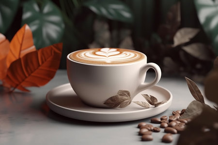 a Cup of Hot Cappuccino Coffee with Art Leaves Foam and Coffee Beans on White Tableの素材