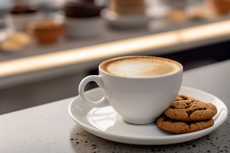 a Cup of Hot Cappuccino Coffee and Cookies in the Cafe with Modern Aesthetic Designの素材