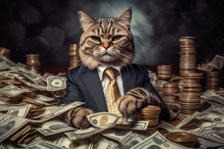 Cat Wearing Suit Sitting in Workspace Stylish Like a Boss with Lots Moneyの素材