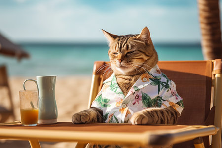 Cat on Holiday Sitting in Chair Wearing Shirt on Beach with Fresh Drinkの素材