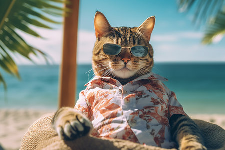 Cat on Holiday Sitting in Chair Wearing Beach Shirt and Sunglasses on Sea Beachの素材