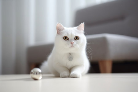 Beautiful White Cat Wearing Necklace Playing with Marbles in Modern Aesthetic Roomの素材
