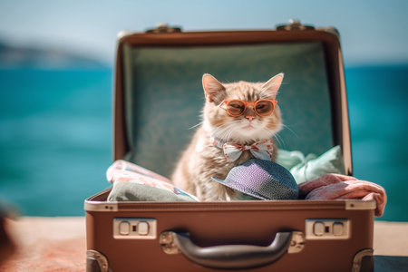 Cute Cat on Vacation Wearing Glasses Looks Stylish Sitting in a Suitcase with Beach View Backgroundの素材