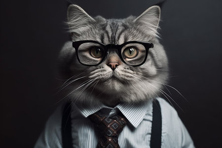 Cute Furry Gray Cat Wearing Shirt and Glasses with a Stylish Looksの素材