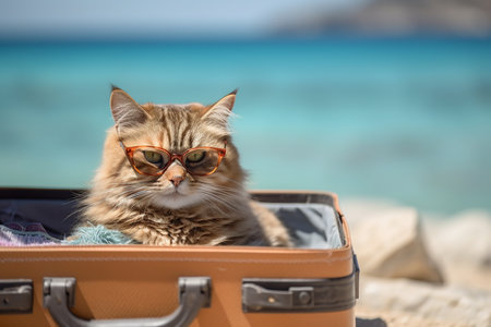 Cute Cat on Vacation Wearing Glasses Sitting in a Suitcase with Beach View Backgroundの素材