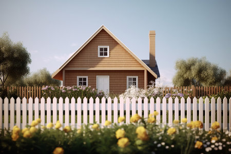 Minimalist Wooden House with Fence and Park Around the House in a Bright Day Springtimeの素材