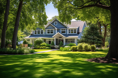 Beautiful Hampton Style Luxury House Home Building with Garden and Nature View Backgroundの素材