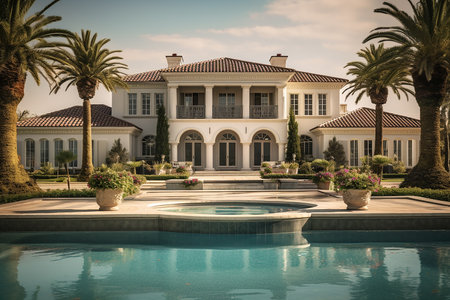 Beautiful Colonial Style Luxury House Home Building with Swimming Pool and Park on a Bright Dayの素材