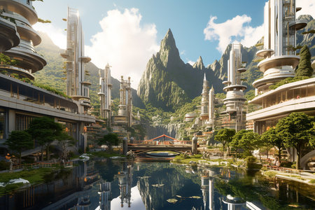 Futuristic City Buildings Standing Between the Hill Mountains with Lake Nature Landscape in a Bright Dayの素材