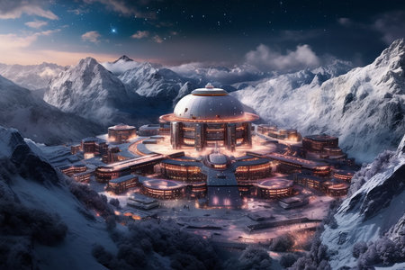 Beautiful Futuristic City Buildings Standing Between the Snowy Mountains at Night with Advanced Technologyの素材