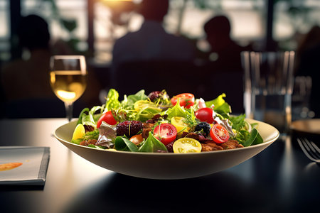 Healthy Food Vegetables Salad on Plate with Fresh Drink Looks Delicious for Breakfast in Restaurantの素材
