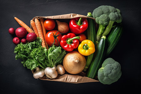 Top View of Various Organic Food Vegetables raw groceries in Paper Bag from Groceryの素材