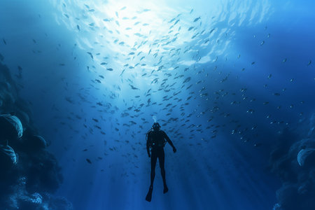 Silhouette of a Diver Swimming in the Blue Deep Sea with a Bunch of Fishの素材