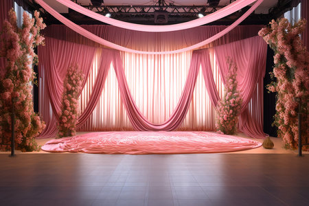 Performance Show Stage with Curtains Colored Pink there are Beautiful Flowers Decoration and Lightingの素材