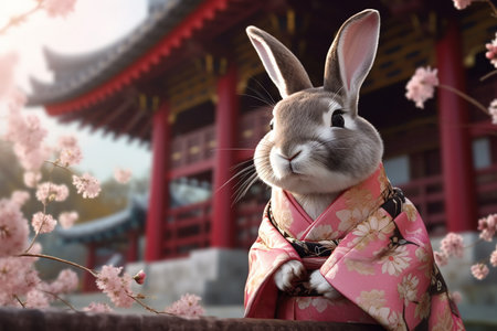 Cute Bunny Rabbit Wearing Kimono Looks Beautiful with Cherry Blossom and Japanese House Style Backgroundの素材