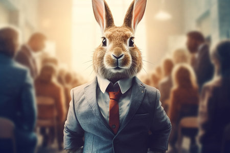 Brown Rabbit Looks Like a Successful Boss Holding a Meeting with Business Partnerの素材