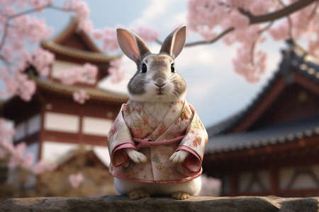 Cute Bunny Rabbit Wearing Kimono with Cherry Blossom and Japanese House Style Background at Morningの素材