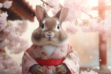 Cute Bunny Rabbit Wearing Kimono with Background of Cherry Blossoms in Japan Looks Beautifulの素材