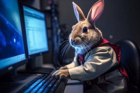 Rabbit Working as a Programmer with Advanced Computer Technology Looks Very Professionalの素材