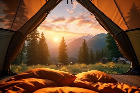 Beautiful Mountains Landscape from inside the Door of the Camping Tent at Morning Sunshineの素材