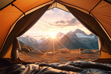 Beautiful Mountains Landscape Holiday Adventure from inside the Door of the Camping Tent at Morningの素材