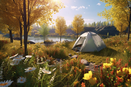 Camping Tent in a Valley with Beautiful Lake View Relaxing Holiday Vacation at Morningの素材