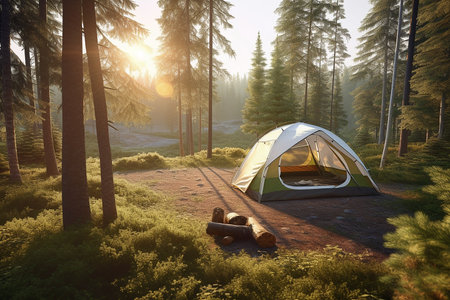 Camping Tent Adventure in the Forest Surrounded by Pine Trees with Beautiful Landscape at Morningの素材