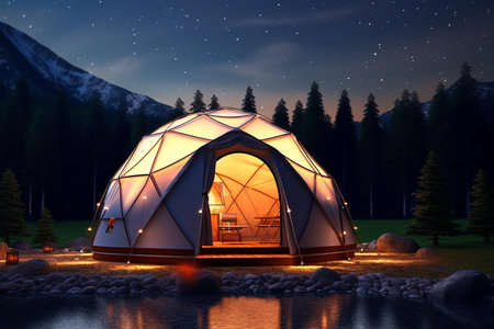 Dome Shaped Camping Tent with Modern Style and Beautiful Landscape for Relaxing at Nightの素材