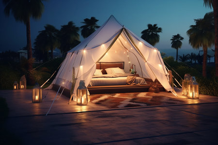 Camping Tent with Modern Design and Beautiful Landscape Holiday Vacation on a Calm Nightの素材