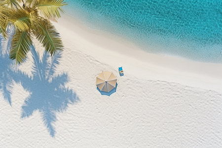 Top View of Summer Beach Clear and Blue Sea Water with Umbrella for Relaxingの素材
