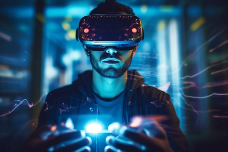 Man Wearing VR Glasses to Witness Advanced Future Technology in a Virtual Simulation Worldの素材