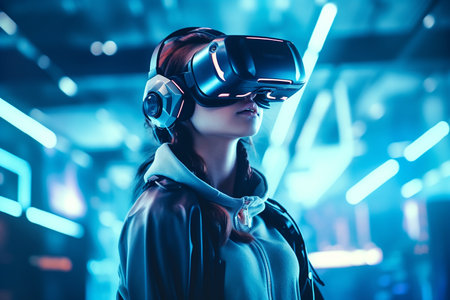 Woman Wearing VR Glasses to Witness Advanced Future Technology in a Virtual Simulation Worldの素材