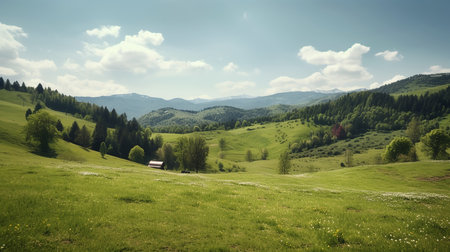 Nature Landscape of Fresh Green Hills in Carpathian Mountains Surrounded by Trees in Bright Dayの素材