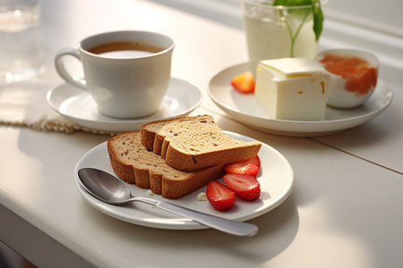Healthy Food for Breakfast with Bread and a Cup of Coffee on a White Tableの素材