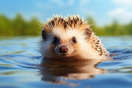 Cute Mini Hedgehog Swimming in the Pool with nature view on Sunny Dayの素材