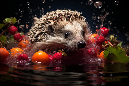 Cute Mini Hedgehog Swimming in the Fresh Water Lake River with Berries Orange Fruitsの素材
