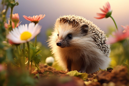 Cute Wild Hedgehog Playing on a Flowering Meadow Enjoying Beautiful Daisy Flower in the Morningの素材