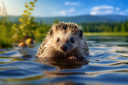 Mini Hedgehog Swimming in the Fresh Water Lake with Landscape Nature Background on Bright Dayの素材