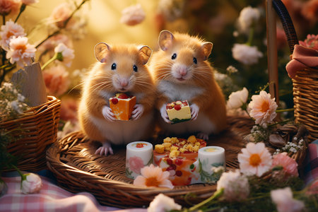 Cute Hamsters Eating Delicious Cake in Flowering Garden with Picnic Basket in the Morningの素材