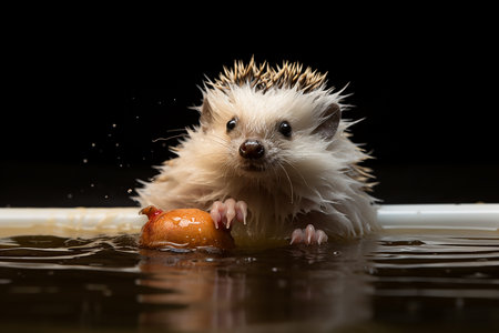 Wild Mini Hedgehog Swim in Fresh Water Lake River Looks Wetの素材
