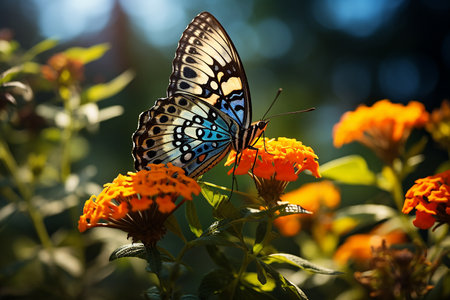 Side View of Beautiful Butterfly Insect Alight on a Flowering Park in Bright Dayの素材