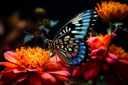 Side View of Butterfly Insect on a Flowering Park with Beautiful Blue Wings in Bright Dayの素材
