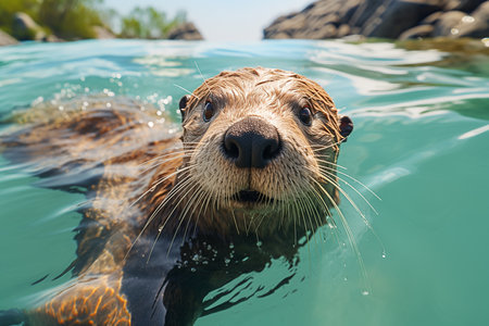 Otter Swimming in a Pond with Turquoise Fresh Water Enjoying Nature on a Sunny Dayの素材