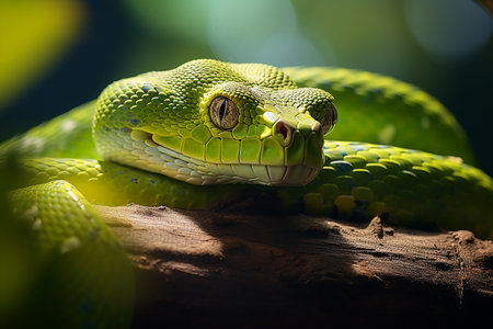 Head of Green Python Snake Wild Animal Looks Fierce in Tree Branch on Bright Dayの素材