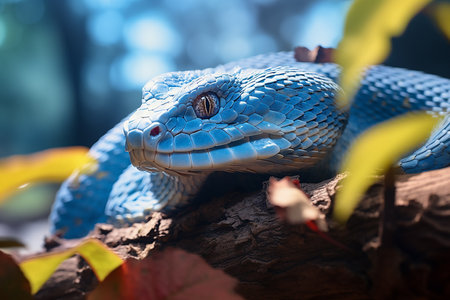 Head of Blue Viper Snake Wild Animal with Scaly Skin in Forest Jungle on Bright Dayの素材